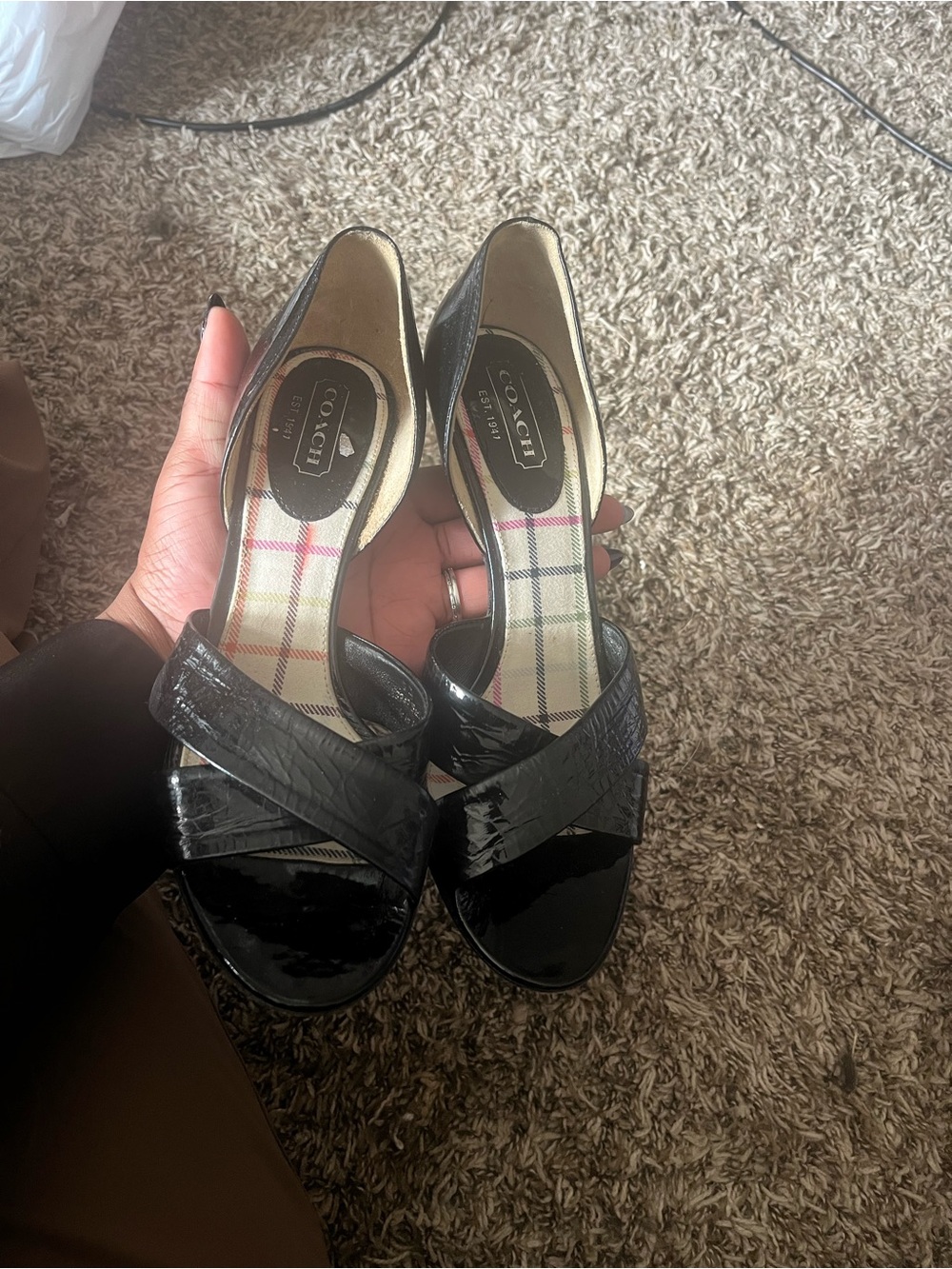 Coach Black Patent Leather Crisscross Peep-Toe Heels with Signature Plaid Insole